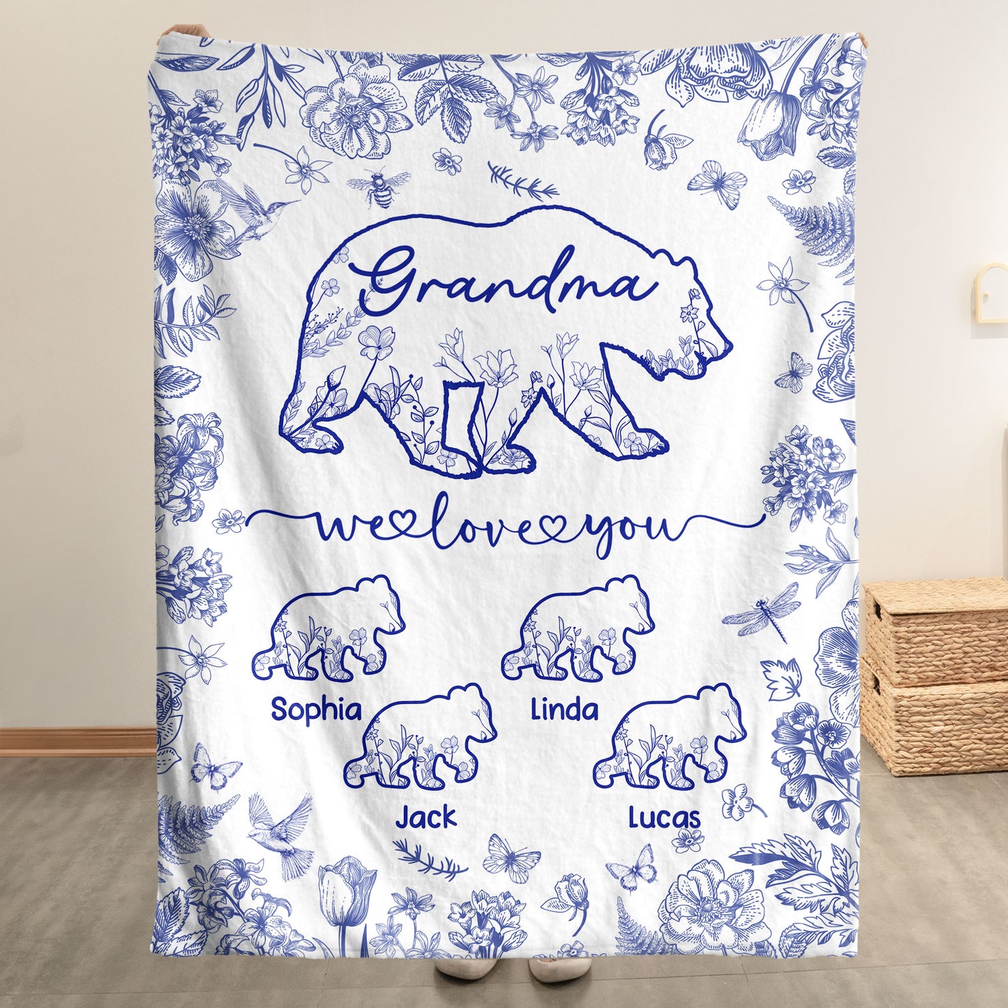 Grandma Bear Toile De Jouy - Personalized Blanket