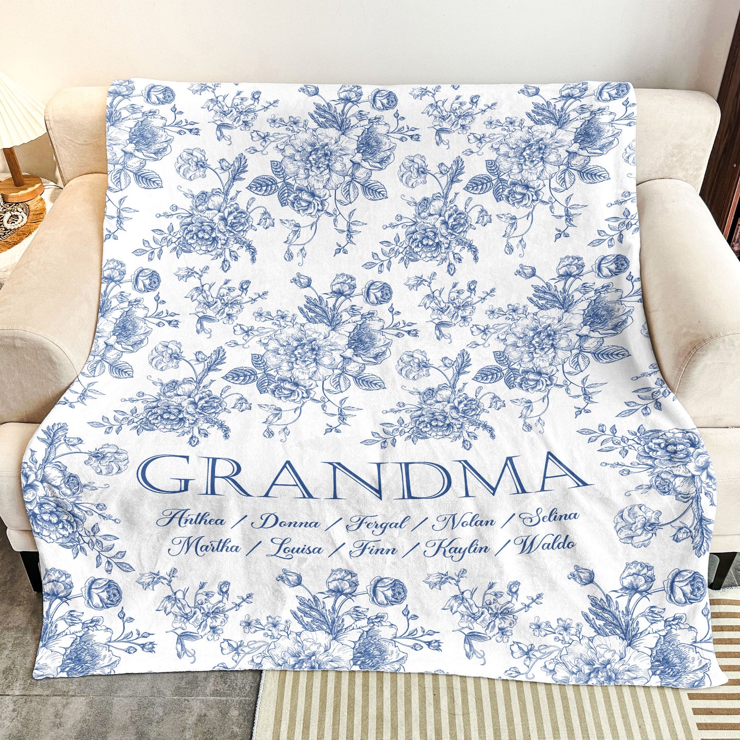 Grandma Custom Grandkids' Names Toile De Jouy - Personalized Blanket