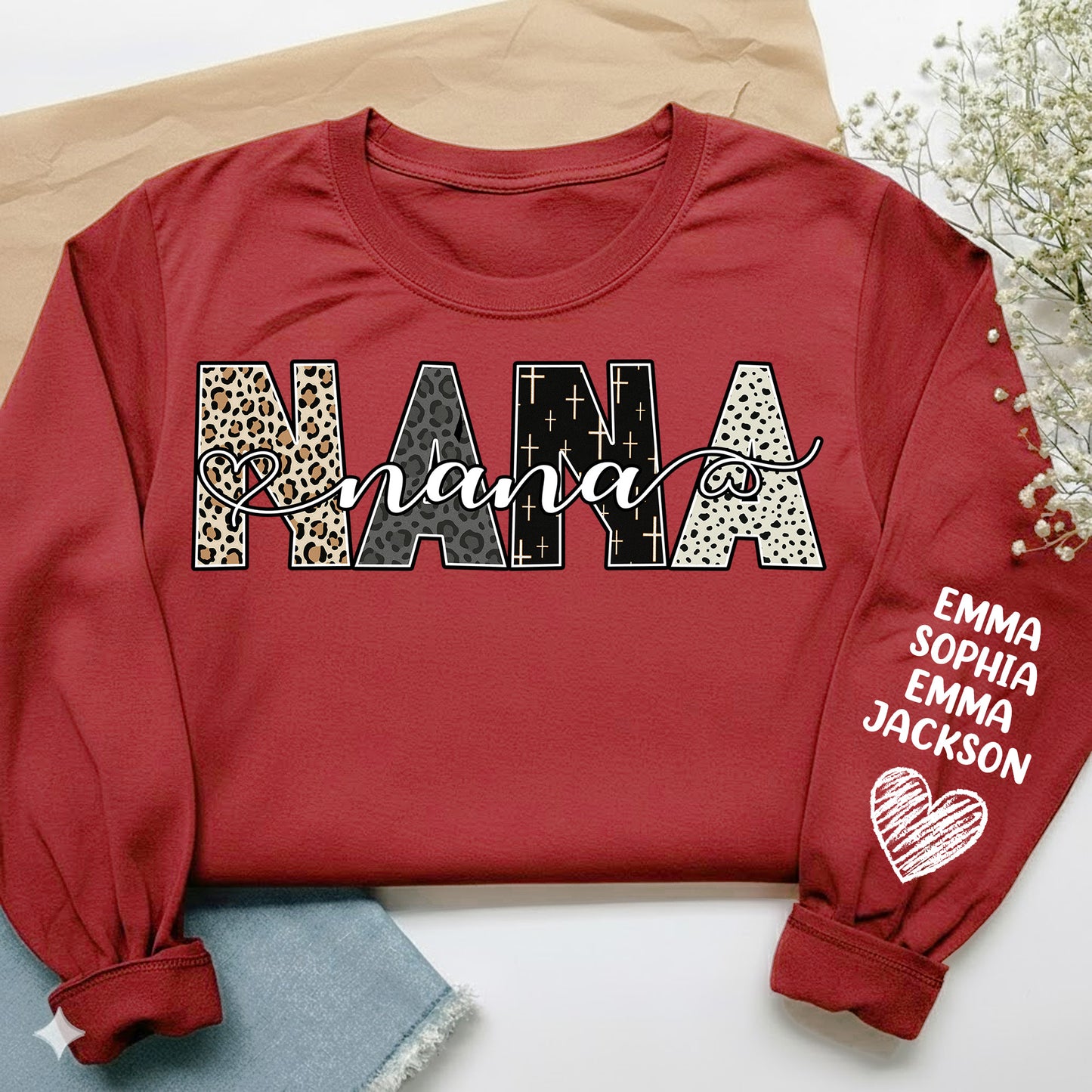 Grandma Custom Kids Name Bible Pattern Style - Custom Long Sleeve T-Shirt