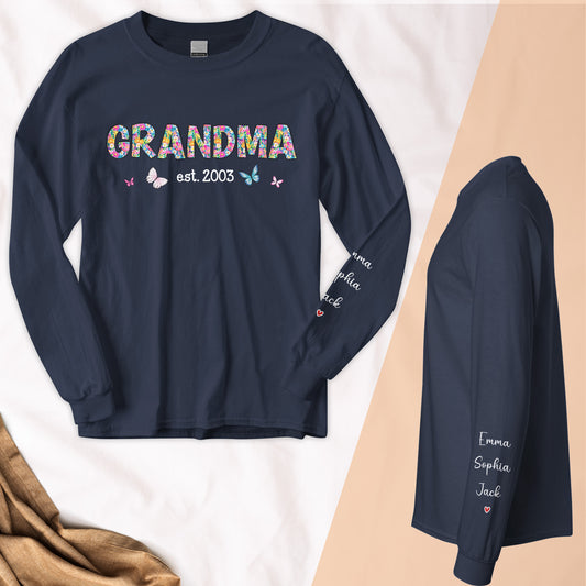 Grandma Floral Name On Sleeve - Custom Long Sleeve T-Shirt