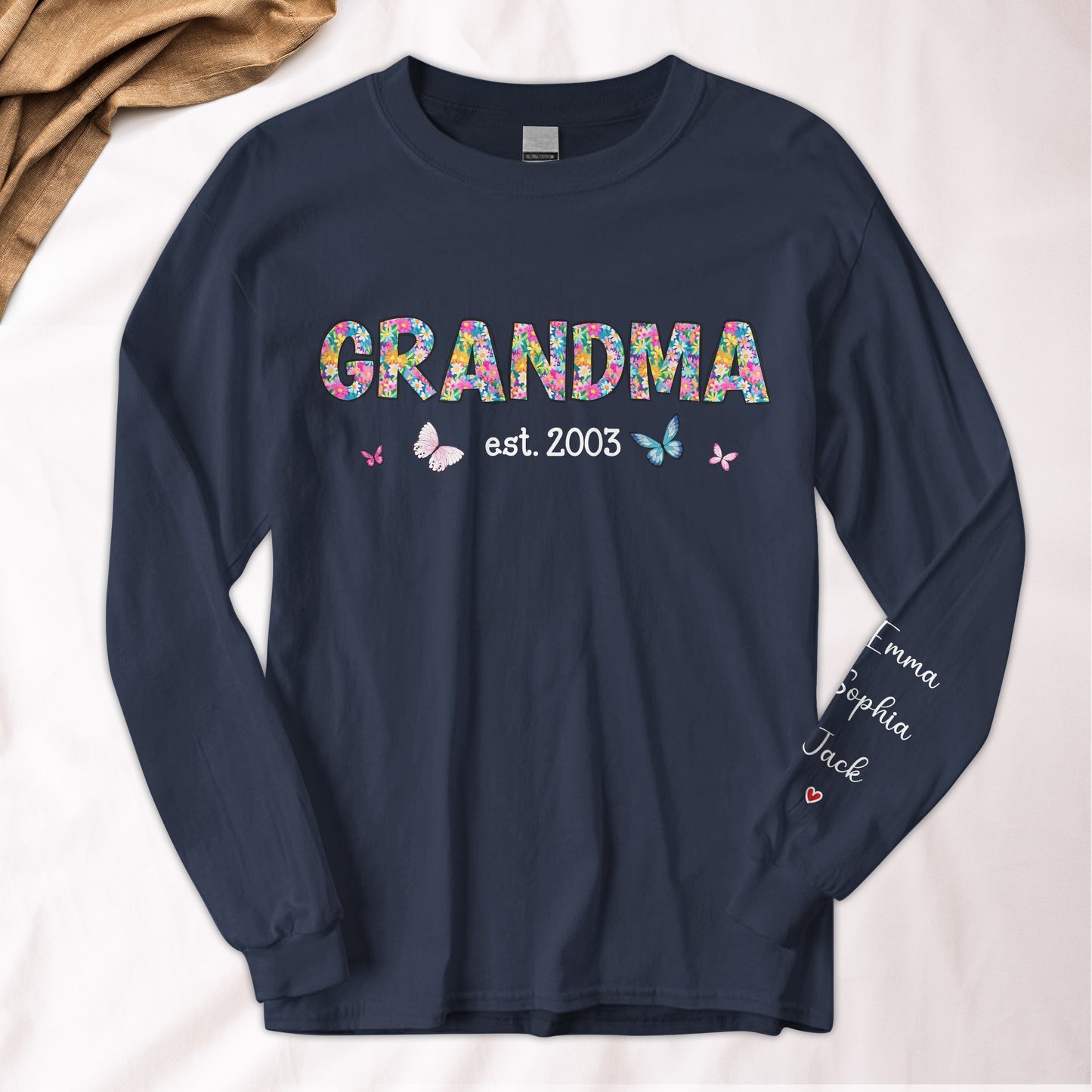 Grandma Floral Name On Sleeve - Custom Long Sleeve T-Shirt