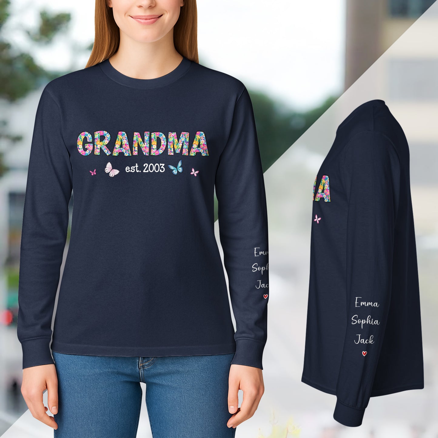 Grandma Floral Name On Sleeve - Custom Long Sleeve T-Shirt