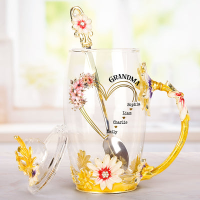Grandma Floral Style Custom Kids' Names - Personalized Enamel Flower Tea Cup