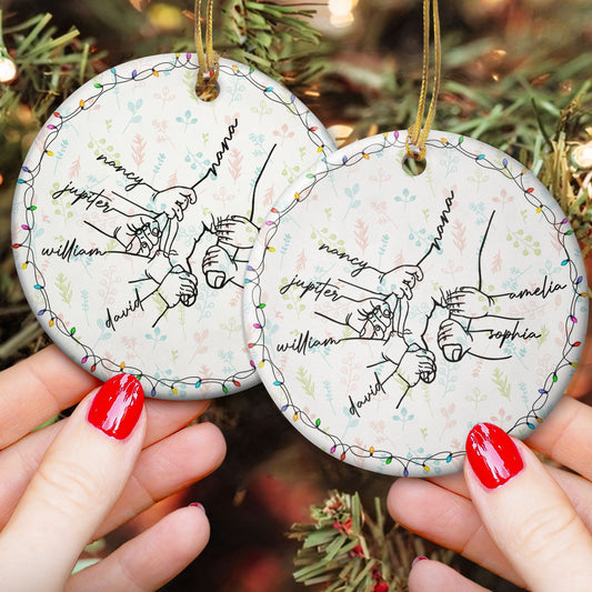 Grandma Hand Grandkids Name Christmas Light - Personalized Ceramic Ornament