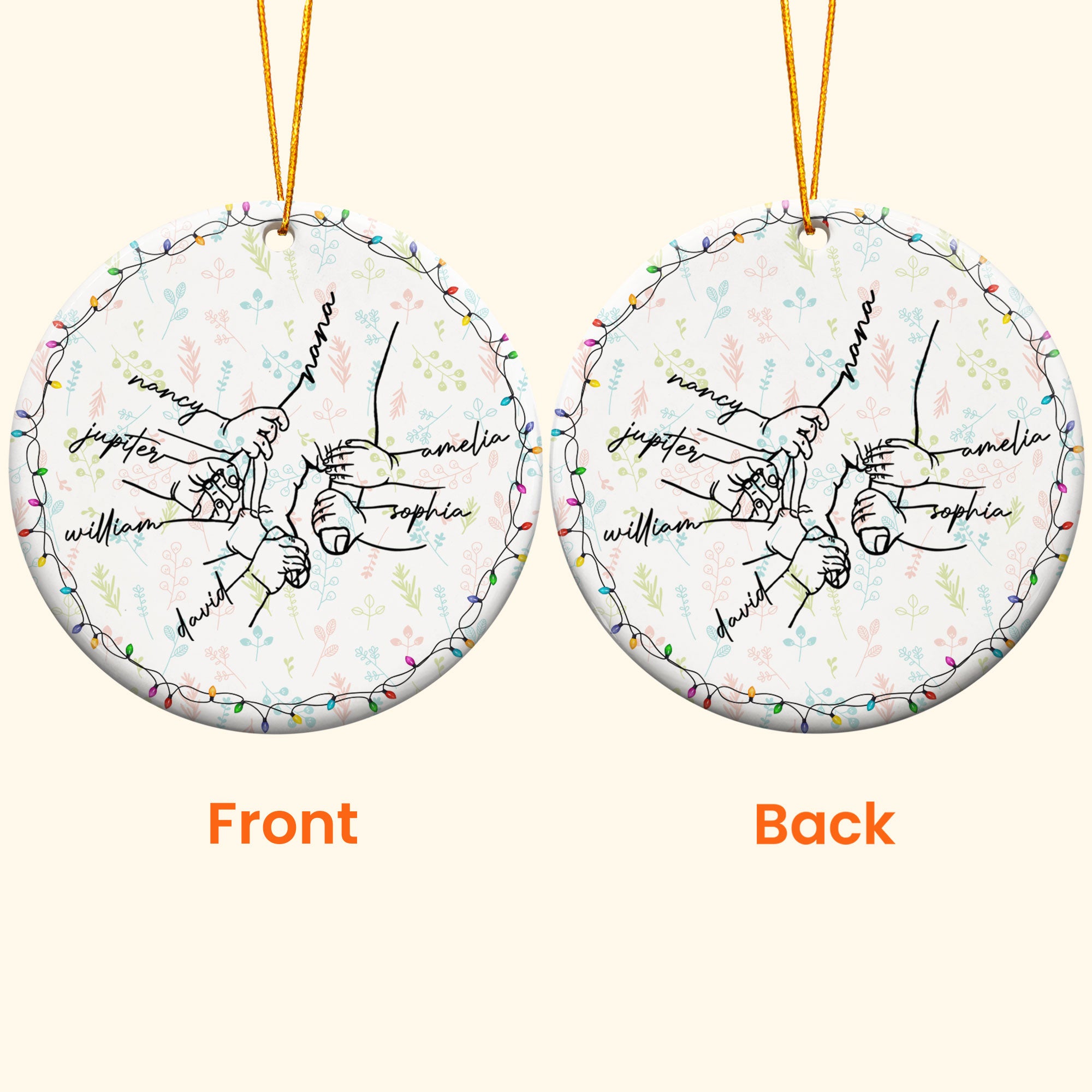 Grandma Hand Grandkids Name Christmas Light - Personalized Ceramic Ornament