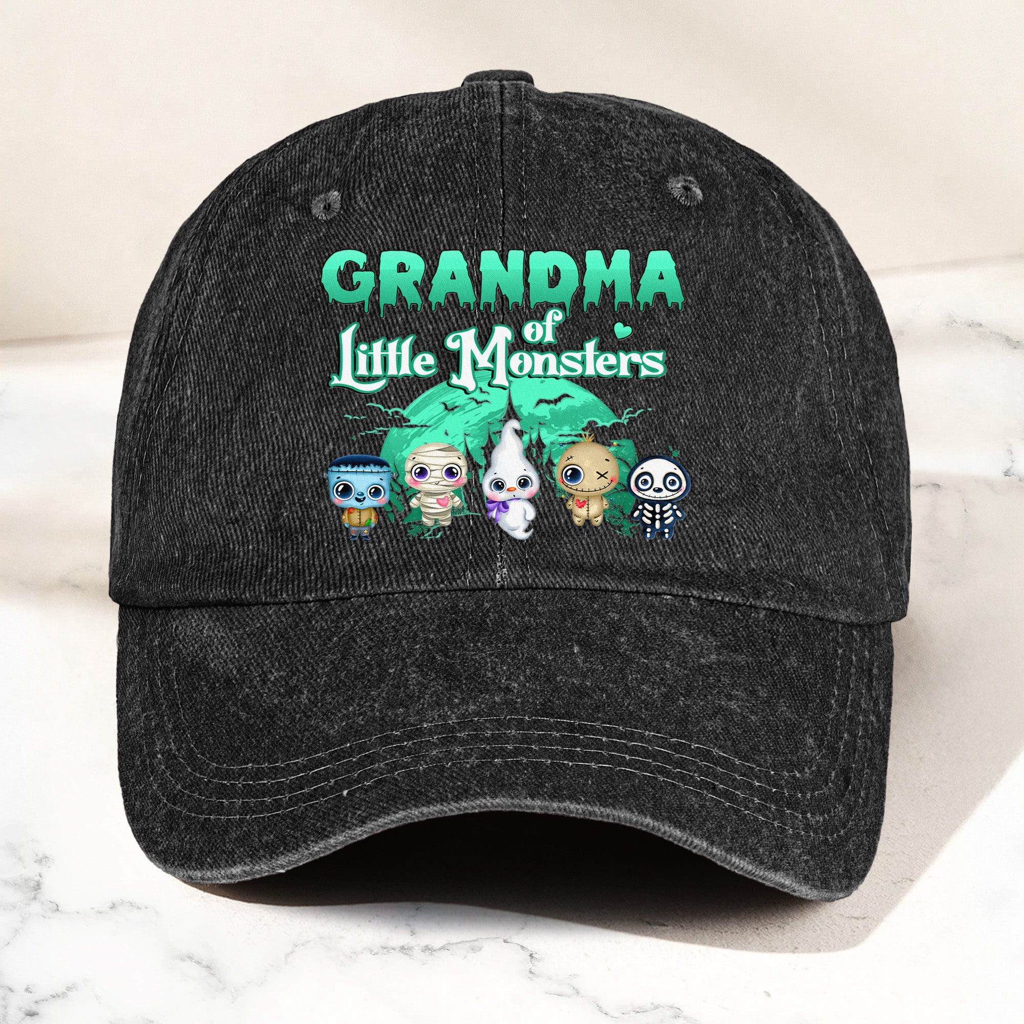 Grandma Of Little Monsters Halloween - Personalized Distressed Denim Cap