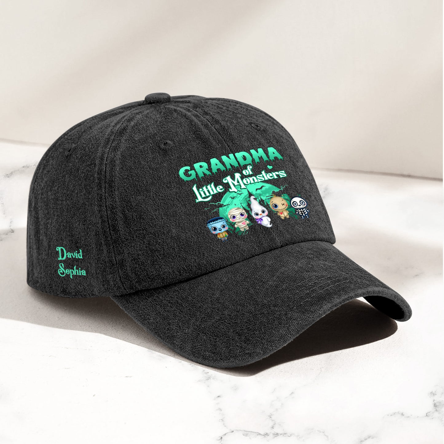 Grandma Of Little Monsters Halloween - Personalized Distressed Denim Cap