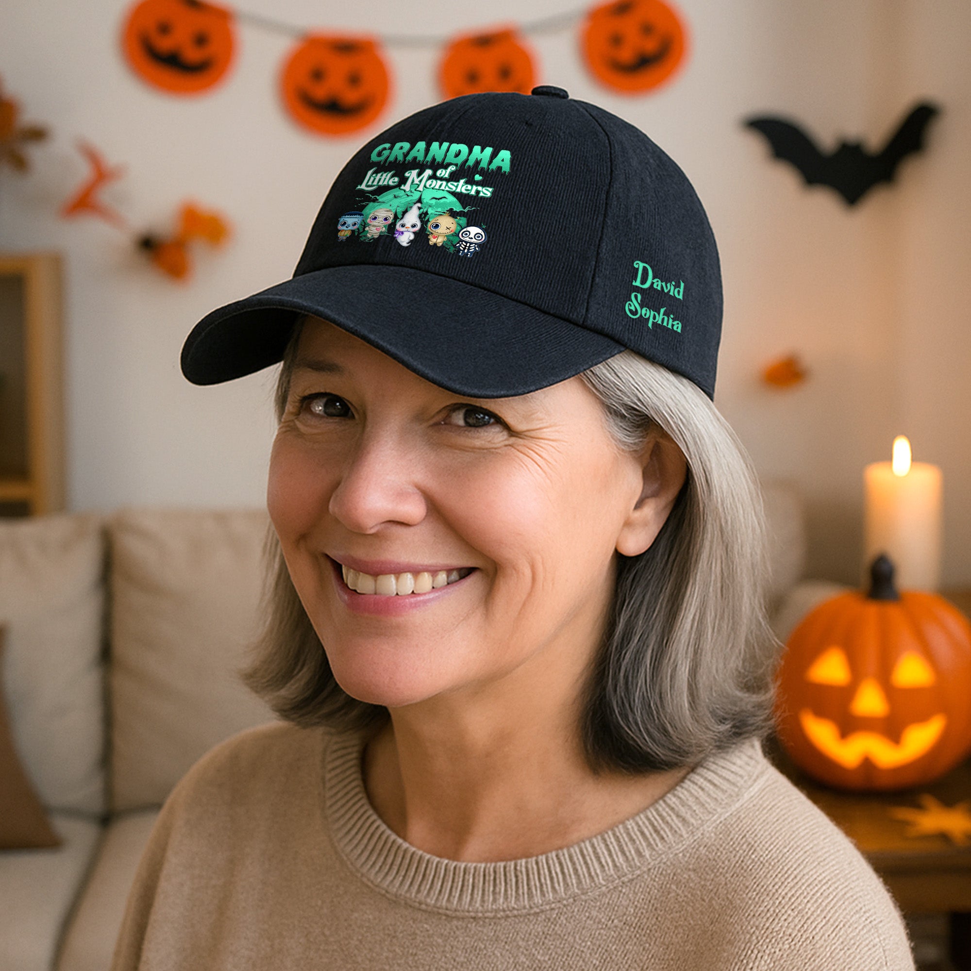 Grandma Of Little Monsters Halloween - Personalized Distressed Denim Cap