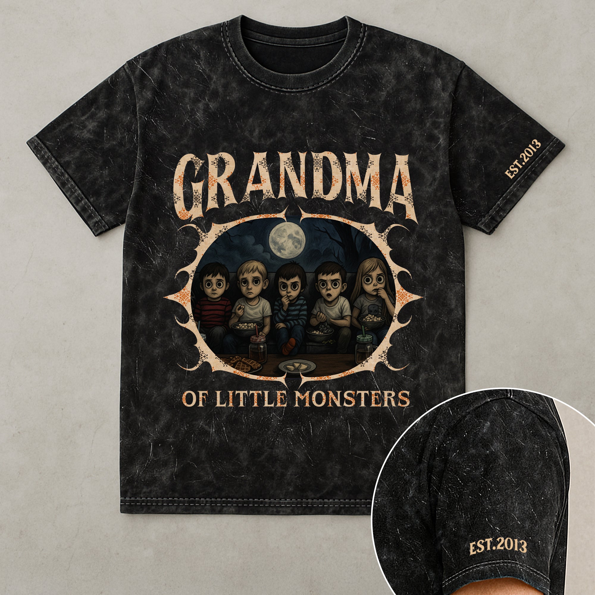 Grandma Of Little Monsters - Personalized Photo Acid Wash T‑Shirt