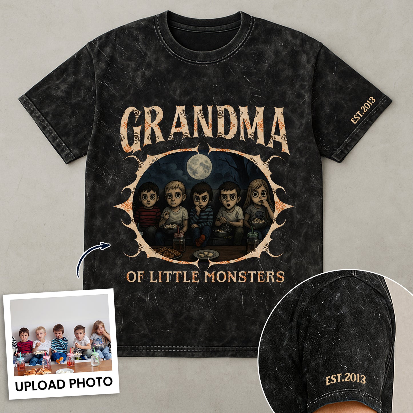 Grandma Of Little Monsters - Personalized Photo Acid Wash T‑Shirt