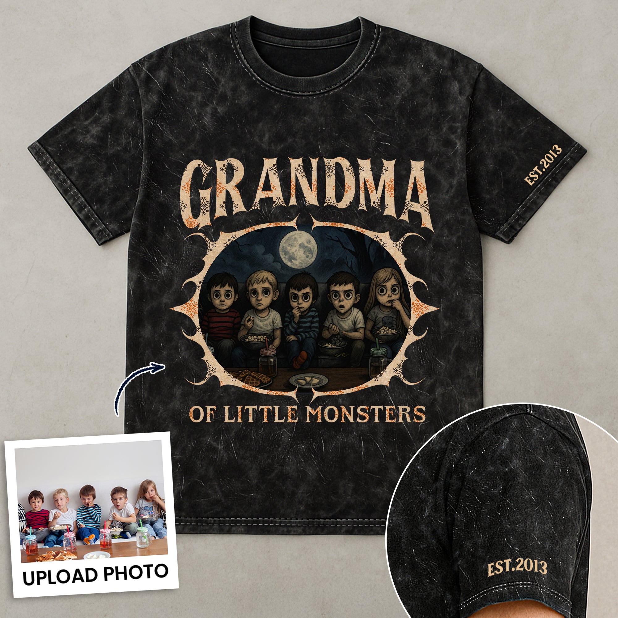 Grandma Of Little Monsters - Personalized Photo Acid Wash T‑Shirt
