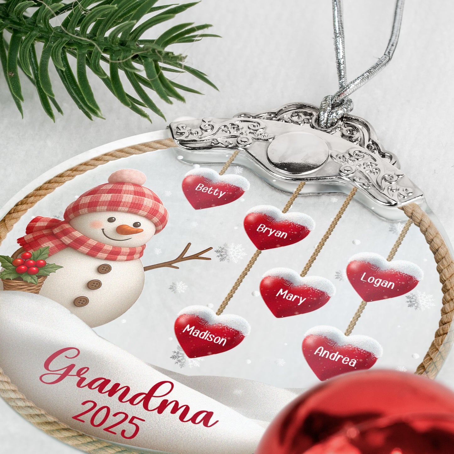 Grandma Snowman Christmas - Personalized Glass Ornament With Silver Cap