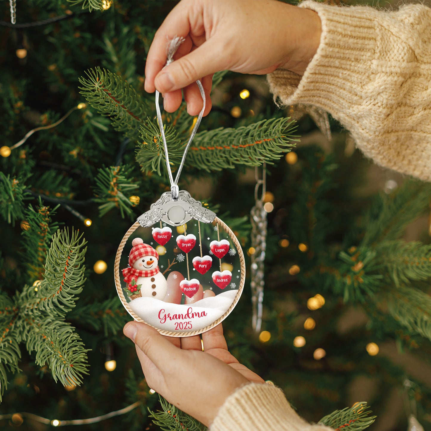 Grandma Snowman Christmas - Personalized Glass Ornament With Silver Cap