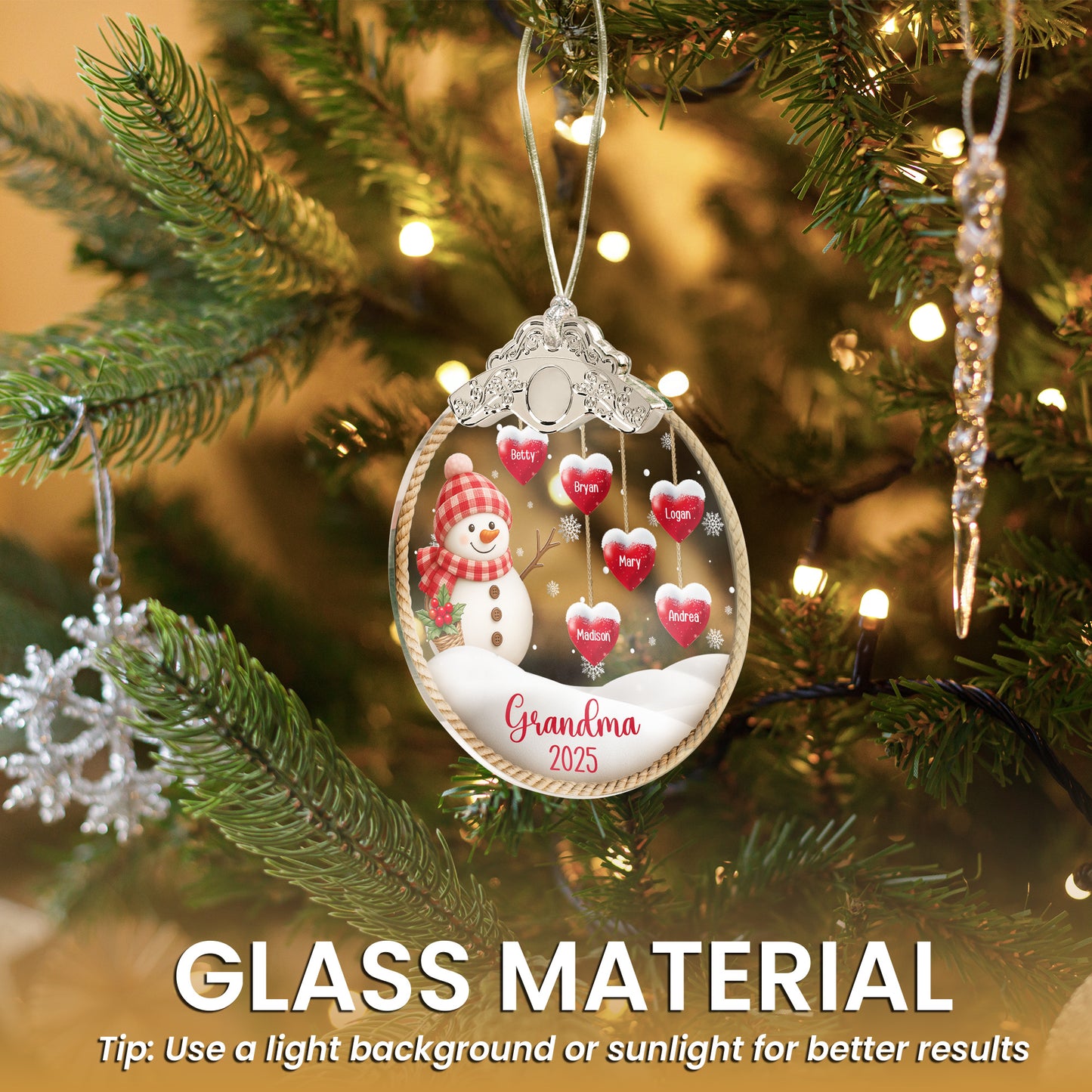 Grandma Snowman Christmas - Personalized Glass Ornament With Silver Cap