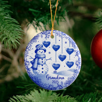 Grandma Snowman Christmas Toile De Jouy - Personalized Ceramic Ornament