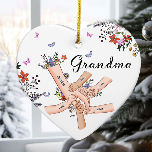 Grandma With Grandkids Holding Hand Wild Floral - Personalized Ceramic Ornament