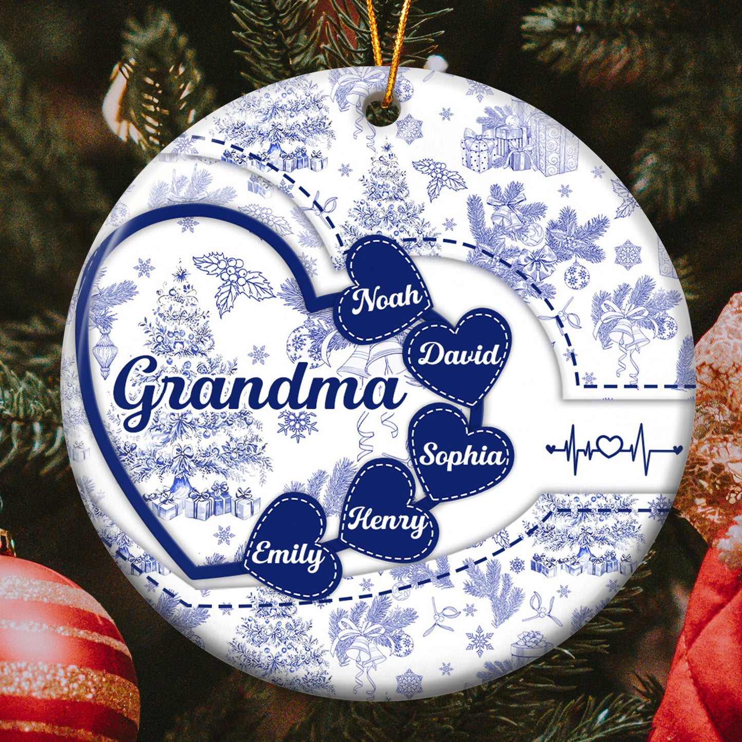 Grandma With Hearts Grandkids' Names - Toile De Jouy Style - Personalized Two-Sided Ceramic Ornament