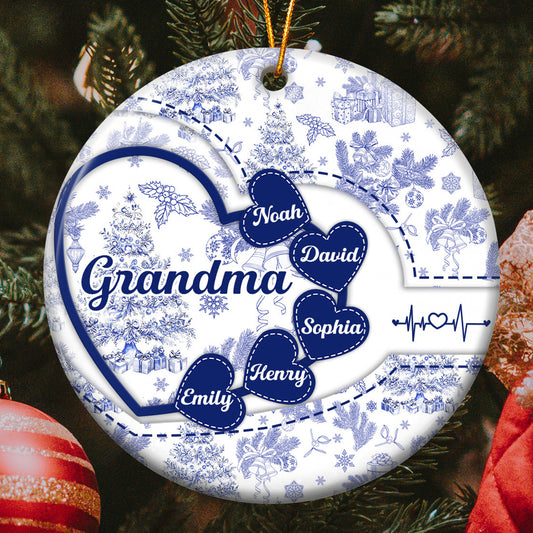 Grandma With Hearts Grandkids' Names - Toile De Jouy Style - Personalized Two-Sided Ceramic Ornament