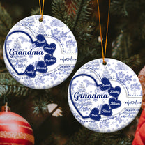 Grandma With Hearts Grandkids' Names - Toile De Jouy Style - Personalized Two-Sided Ceramic Ornament