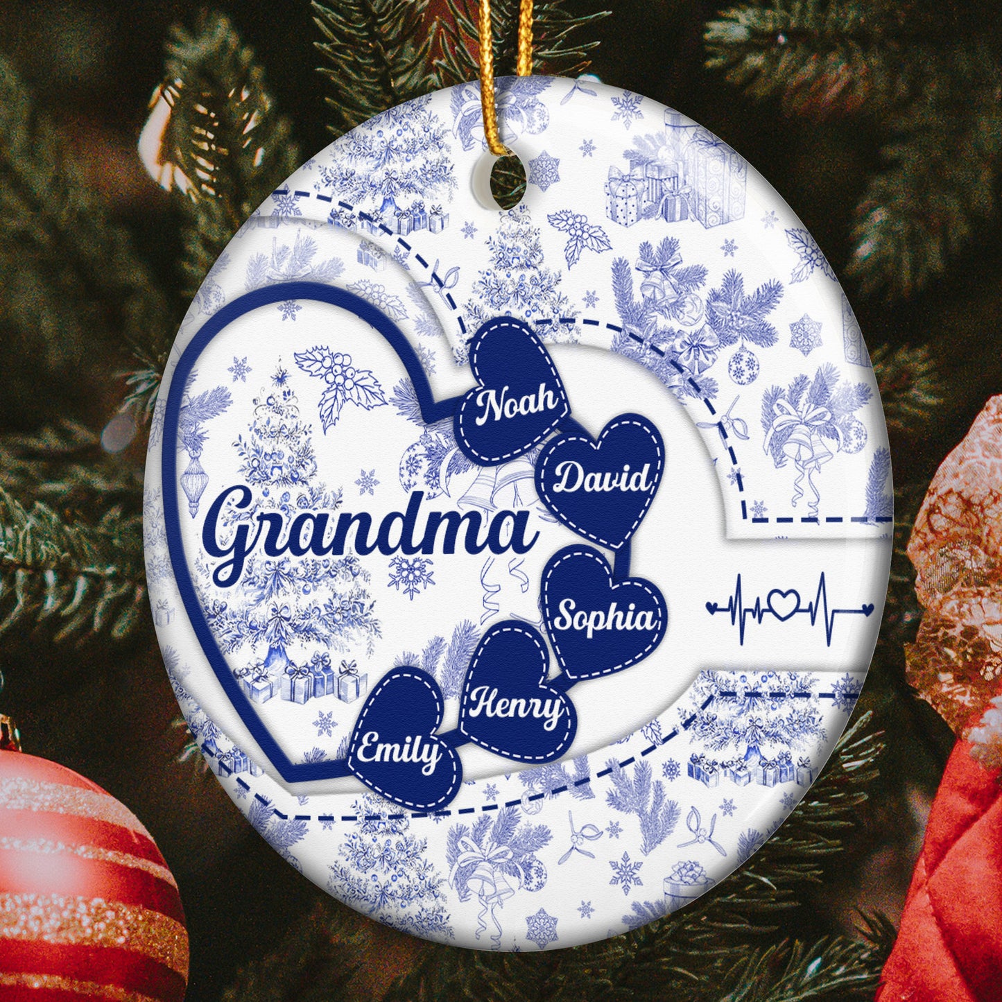 Grandma With Hearts Grandkids' Names - Toile De Jouy Style - Personalized Two-Sided Ceramic Ornament