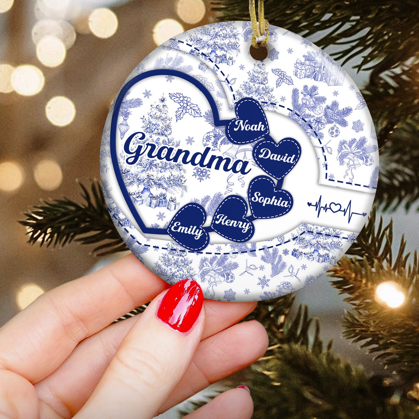 Grandma With Hearts Grandkids' Names - Toile De Jouy Style - Personalized Two-Sided Ceramic Ornament
