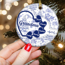 Grandma With Hearts Grandkids' Names - Toile De Jouy Style - Personalized Two-Sided Ceramic Ornament