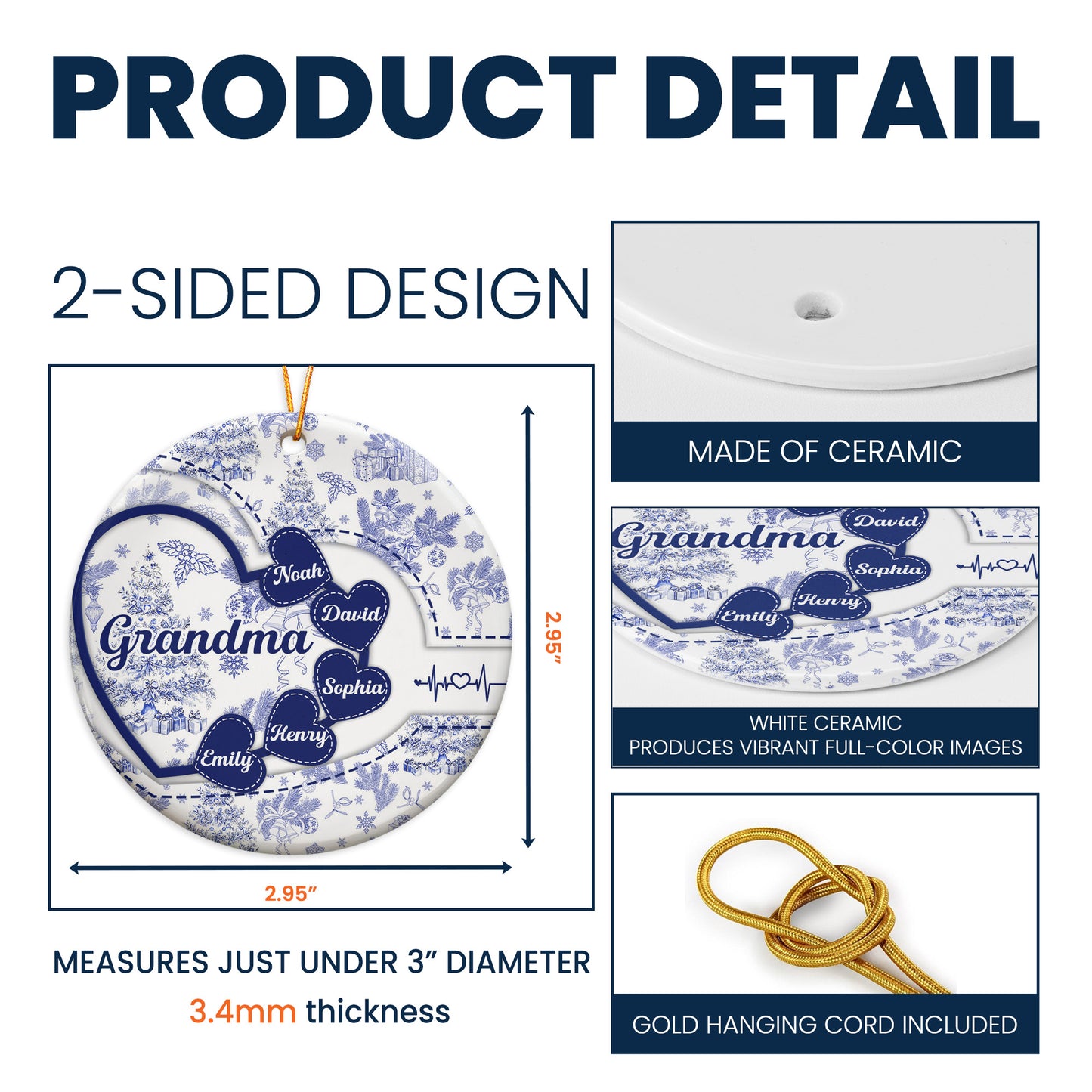 Grandma With Hearts Grandkids' Names - Toile De Jouy Style - Personalized Two-Sided Ceramic Ornament