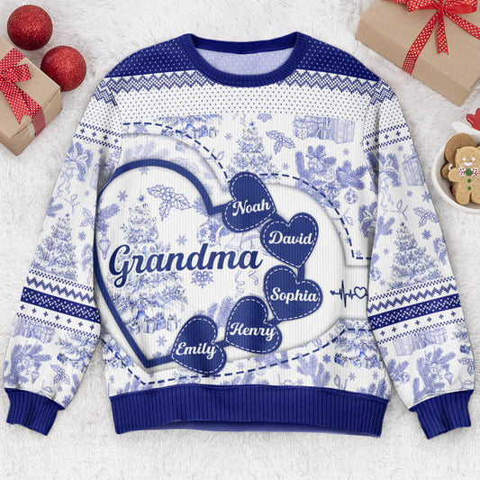 Grandma With Hearts Grandkids' Names - Toile De Jouy Style - Personalized Ugly Sweater