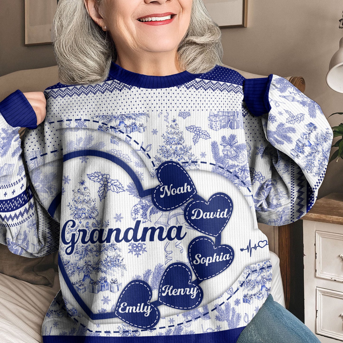 Grandma With Hearts Grandkids' Names - Toile De Jouy Style - Personalized Ugly Sweater