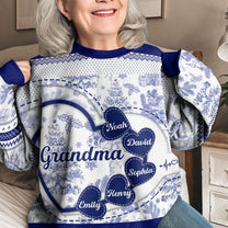Grandma With Hearts Grandkids' Names - Toile De Jouy Style - Personalized Ugly Sweater
