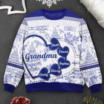 Grandma With Hearts Grandkids' Names - Toile De Jouy Style - Personalized Ugly Sweater