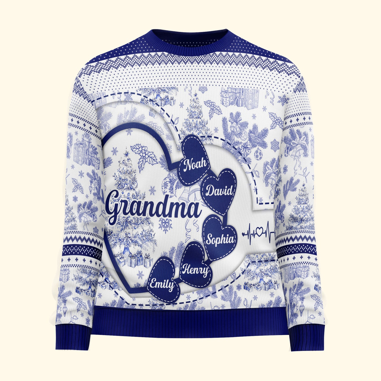 Grandma With Hearts Grandkids' Names - Toile De Jouy Style - Personalized Ugly Sweater