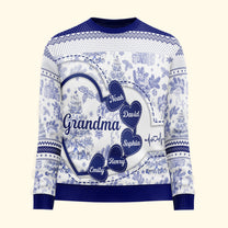 Grandma With Hearts Grandkids' Names - Toile De Jouy Style - Personalized Ugly Sweater