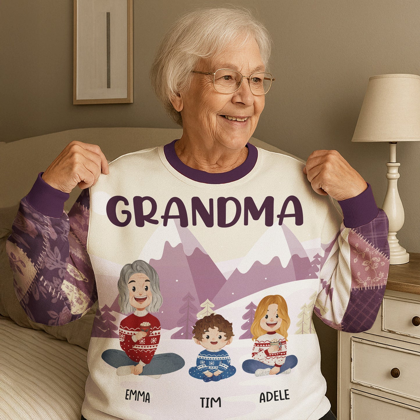 Grandma With Kids Folk Art - Personalized AOP Sweatshirt