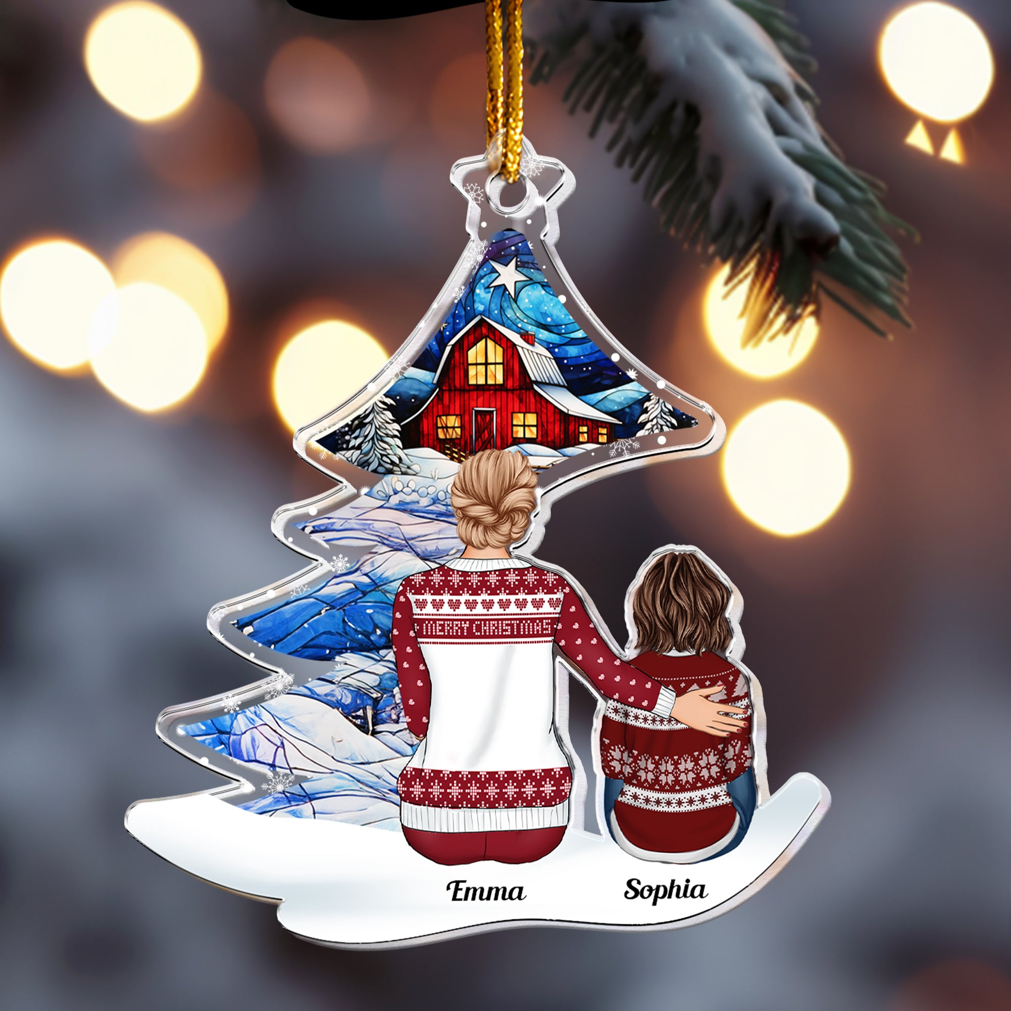 Grandma & Grandkids Sitting Under Christmas Tree - Personalized Acrylic Ornament