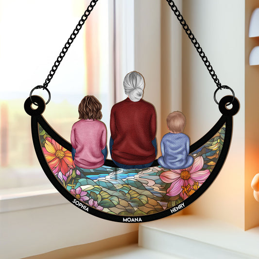 Grandma & Children On The Moon - Personalized Window Hanging Suncatcher Ornament