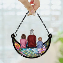 Grandma & Children On The Moon - Personalized Window Hanging Suncatcher Ornament