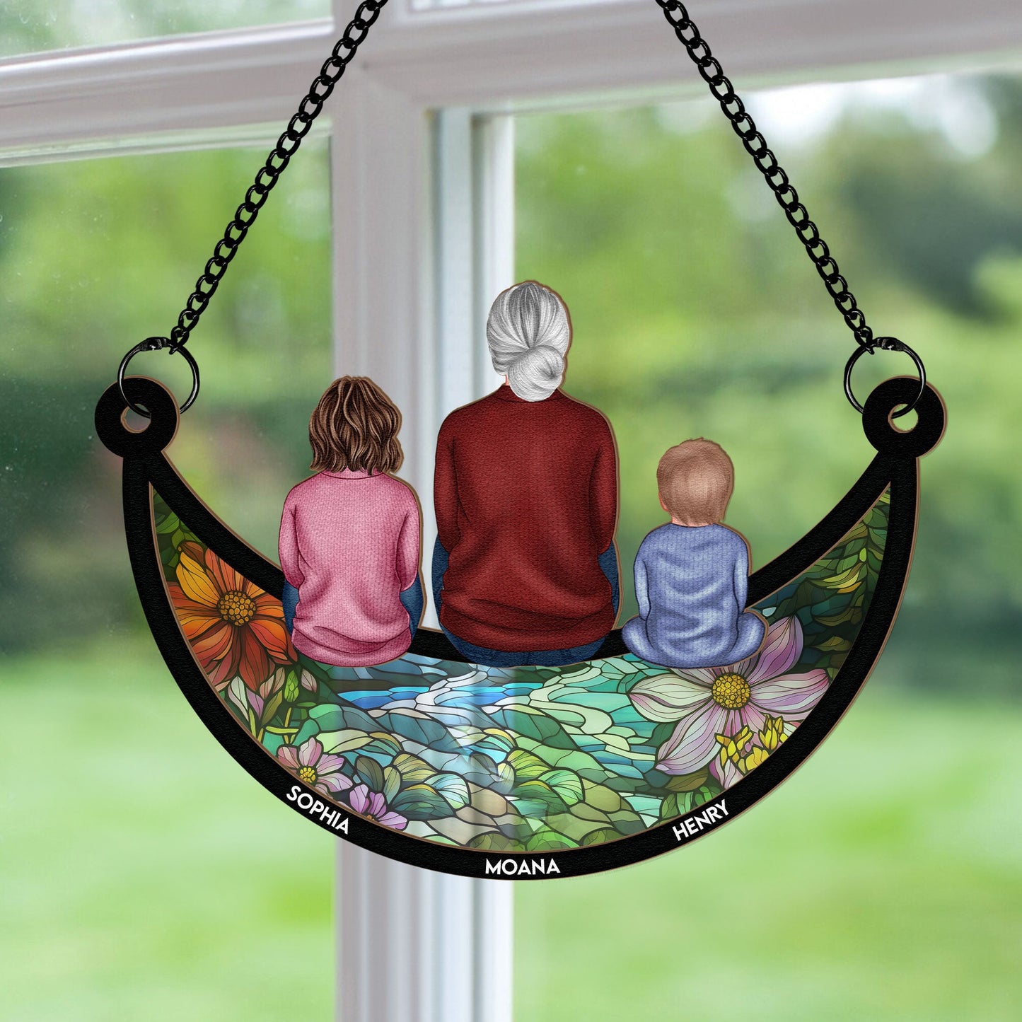 Grandma & Children On The Moon - Personalized Window Hanging Suncatcher Ornament