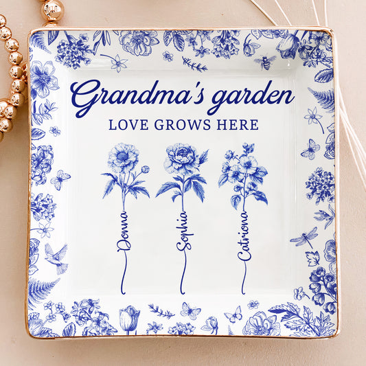 Grandma's Garden Custom Birth Flower Toile De Jouy Gift - Personalized Jewelry Dish