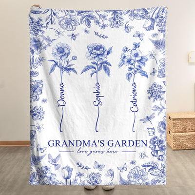 Grandma's Garden - Custom Kids Birth Flower Toile De Jouy - Personalized Blanket
