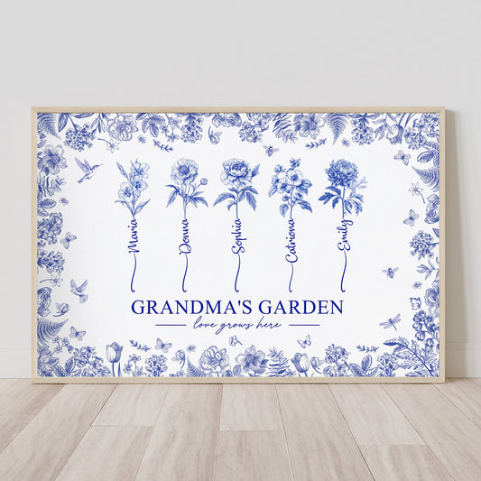 Grandma's Garden - Custom Kids Birth Flower Toile De Jouy - Personalized Poster