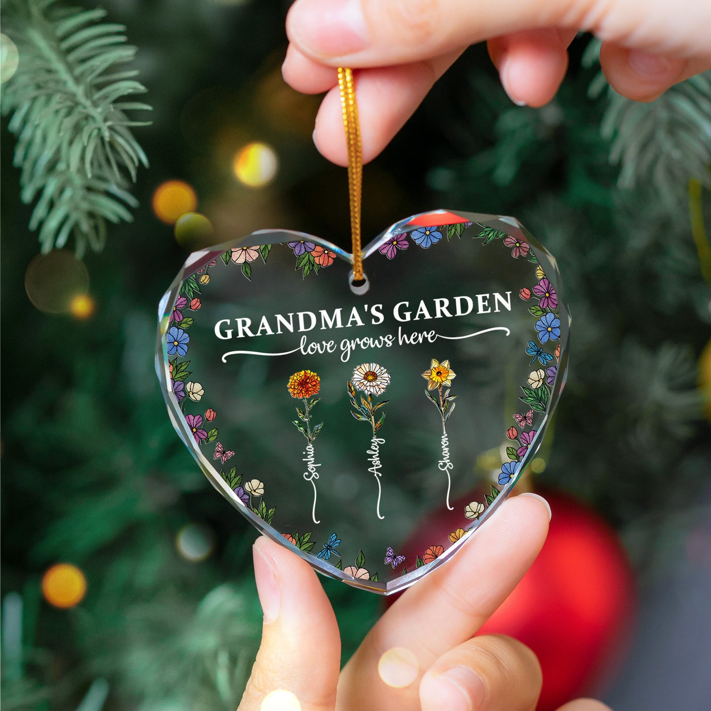 Grandma's Garden Love Grows Here - Personalized Heart Glass Ornament