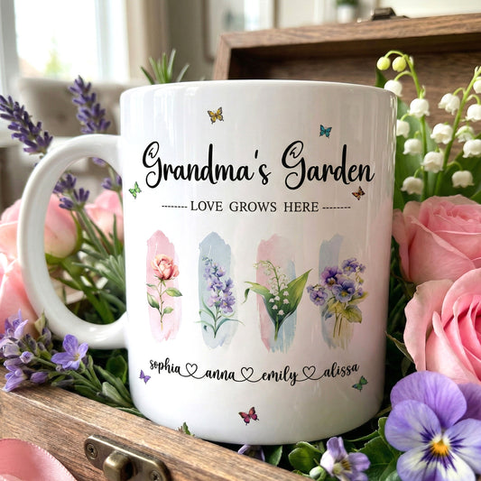 Grandma's Garden Love Grows Here With Grandkid's Birth Flower - Personalized Mug