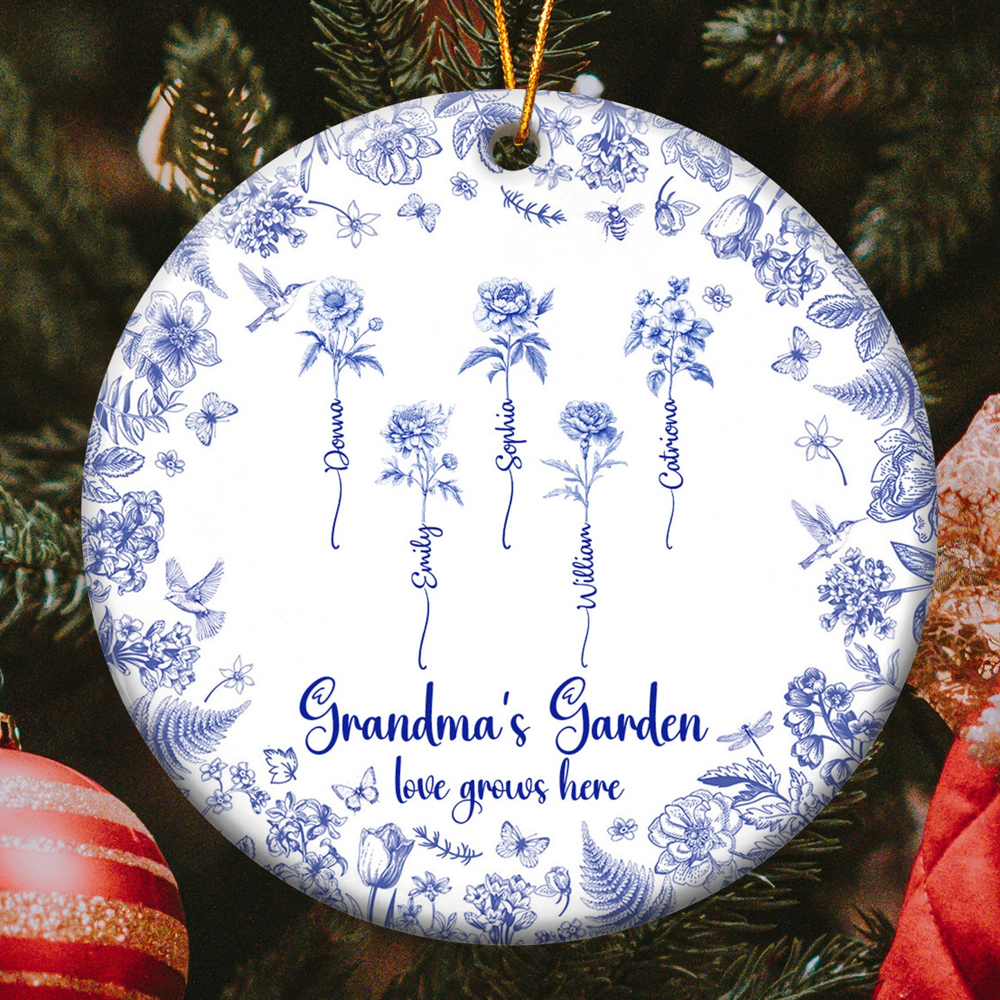 Grandma's Garden Toile De Jouy Custom Birth Flower Grandkids Names - Personalized Ceramic Ornament