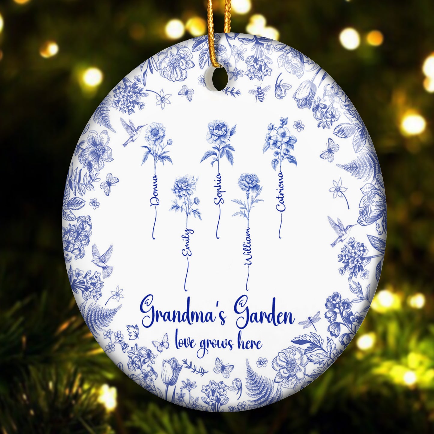 Grandma's Garden Toile De Jouy Custom Birth Flower Grandkids Names - Personalized Ceramic Ornament