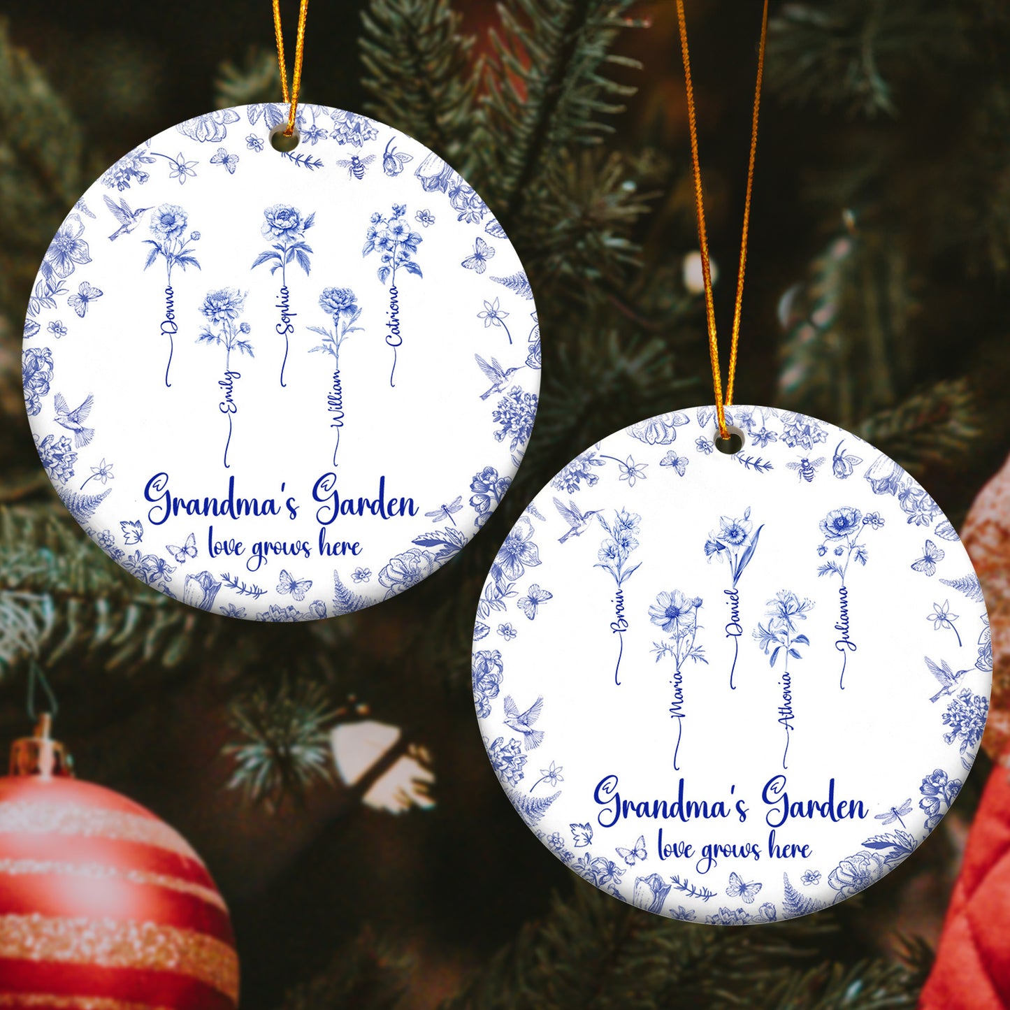 Grandma's Garden Toile De Jouy Custom Birth Flower Grandkids Names - Personalized Ceramic Ornament