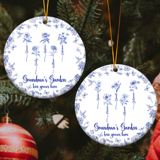 Grandma's Garden Toile De Jouy Custom Birth Flower Grandkids Names - Personalized Ceramic Ornament