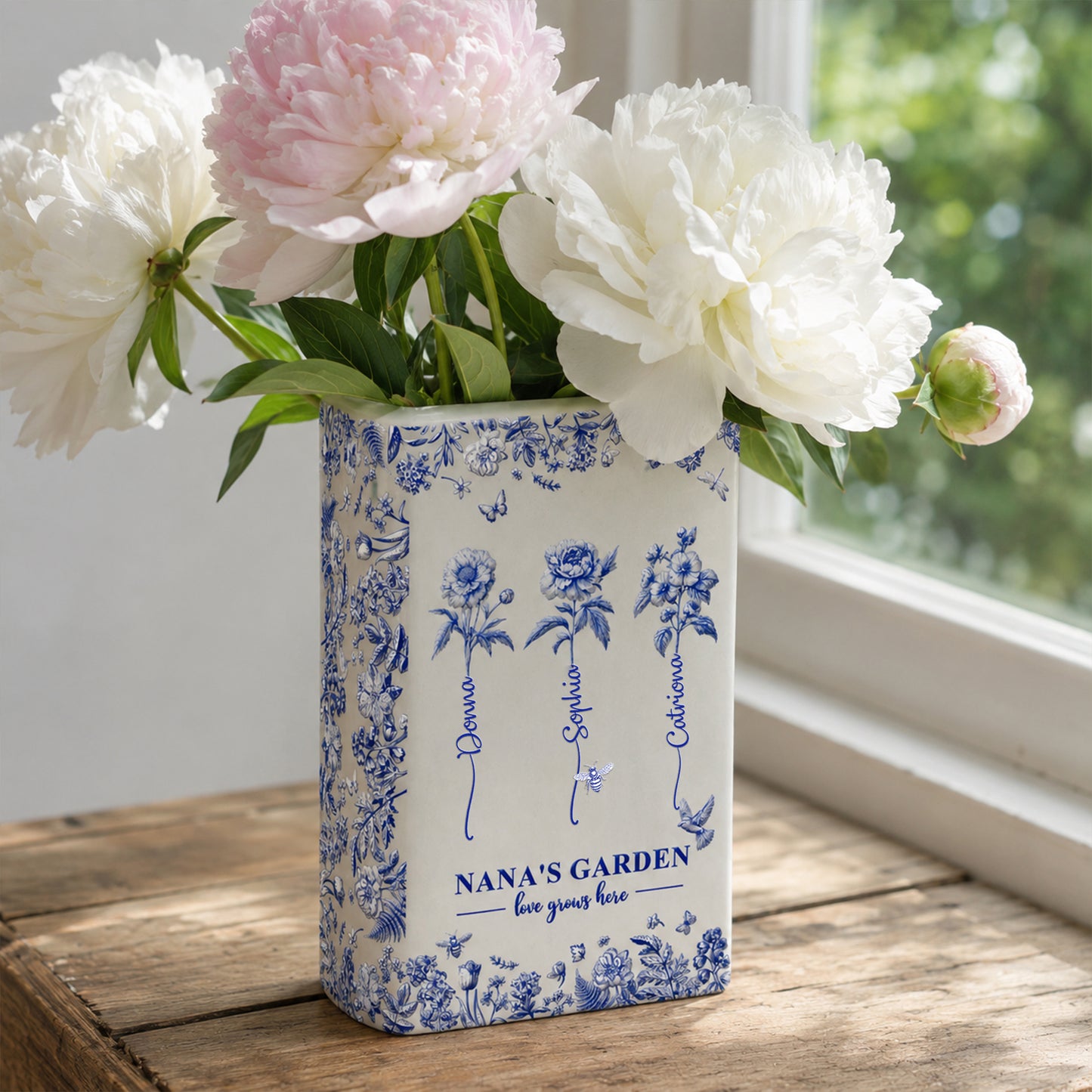 Grandma's Garden, Custom Grandkids' Birth Flowers - Toile De Jouy Style - Personalized Vase