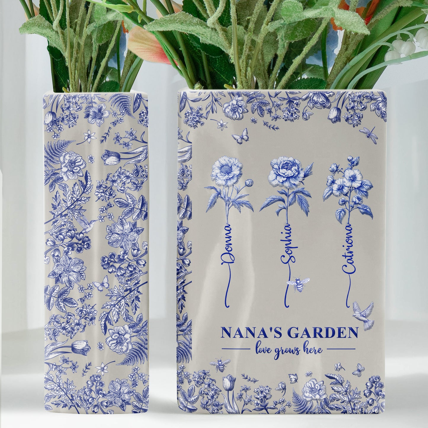 Grandma's Garden, Custom Grandkids' Birth Flowers - Toile De Jouy Style - Personalized Vase