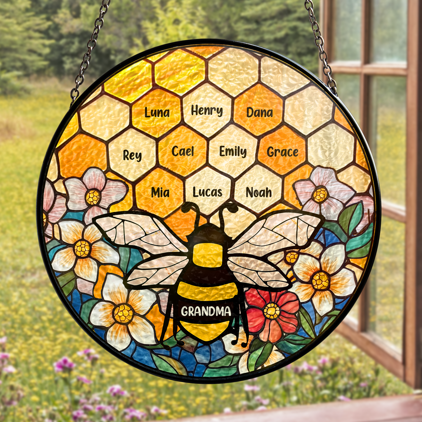 Grandma's Garden Bee - Personalized Stained Glass Window Hanging Suncatcher Ornament